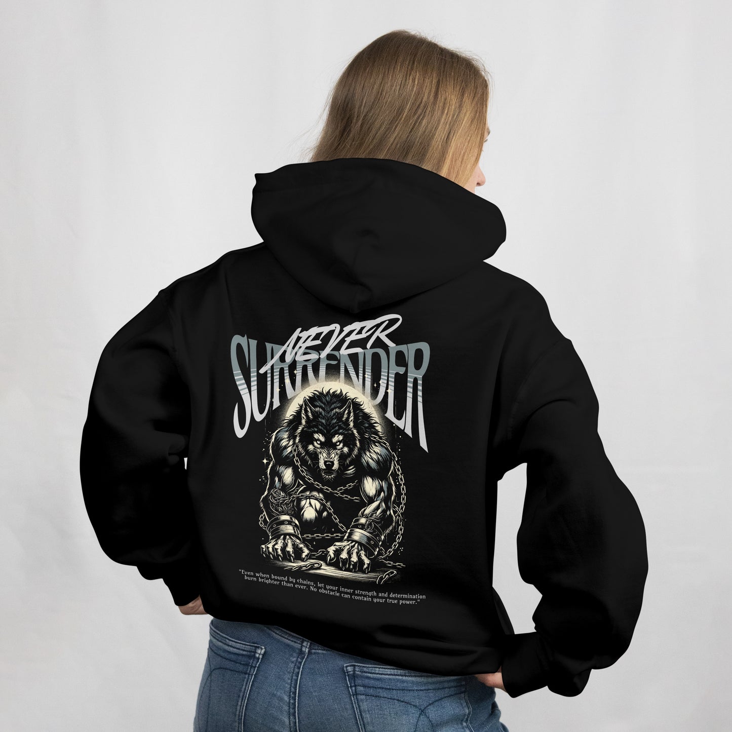 Never Surrender Wolf Hoodie Oversized Black 100% Cotton French Terry