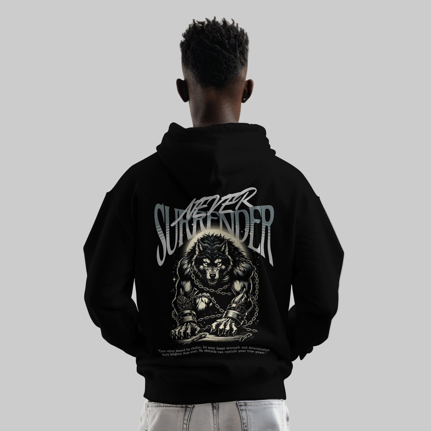 Never Surrender Wolf Hoodie Oversized Black 100% Cotton French Terry