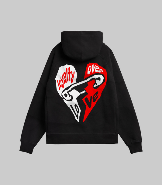 Black hoodie with a graphic design on the back featuring a broken heart and text.