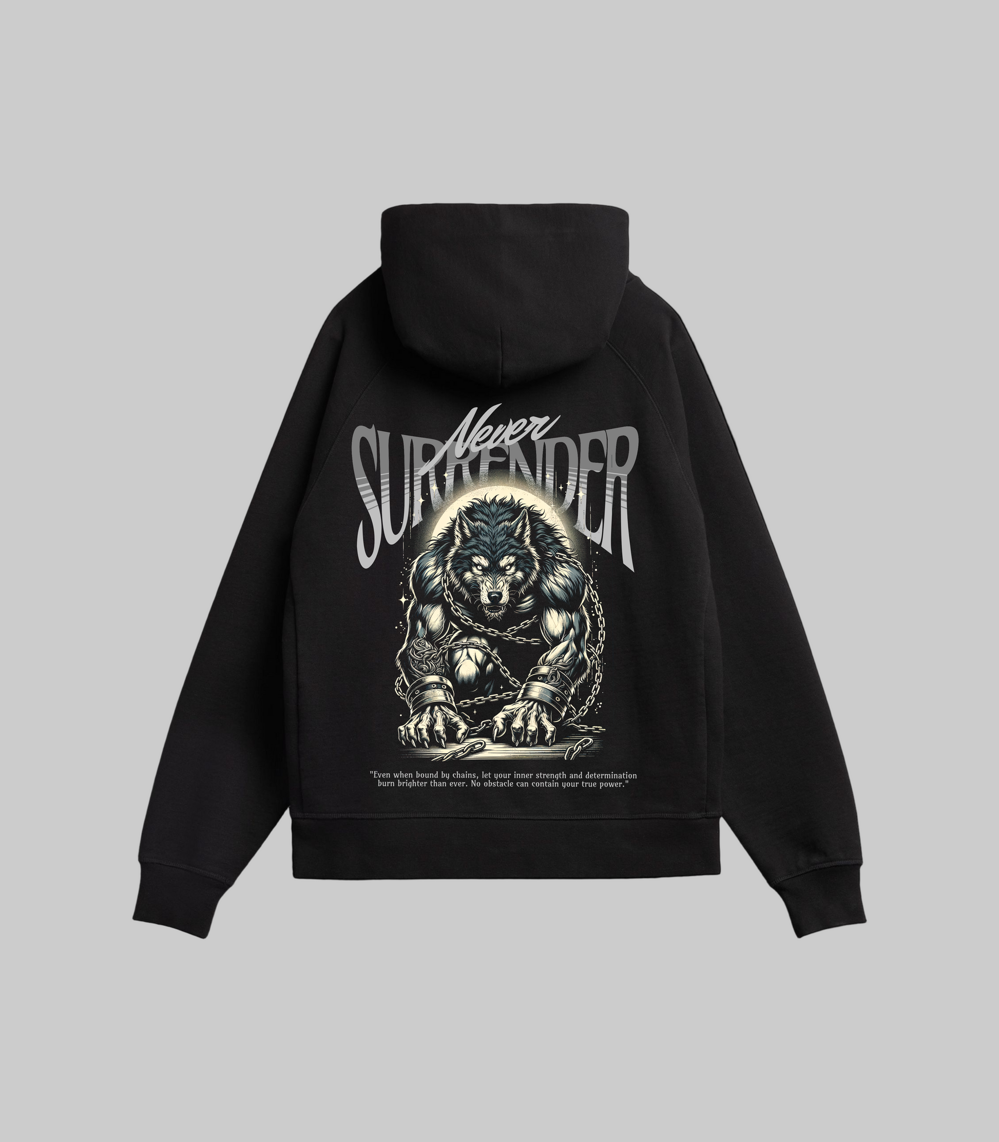 Black hoodie with a bear graphic and 'Never Surrender' text on the back against a white background