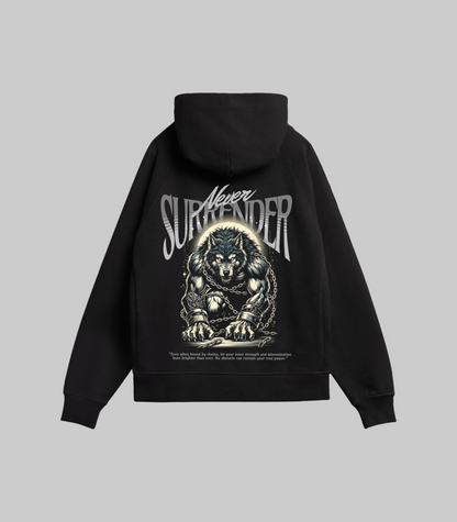 Black hoodie with a bear graphic and 'Never Surrender' text on the back against a white background