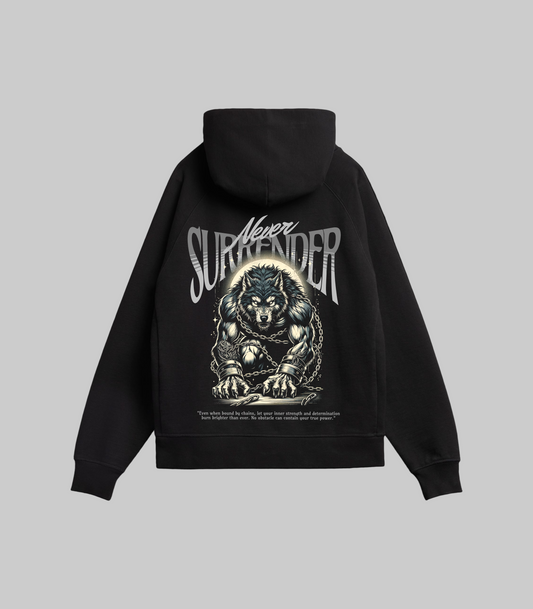 Black hoodie with a bear graphic and 'Never Surrender' text on the back against a white background
