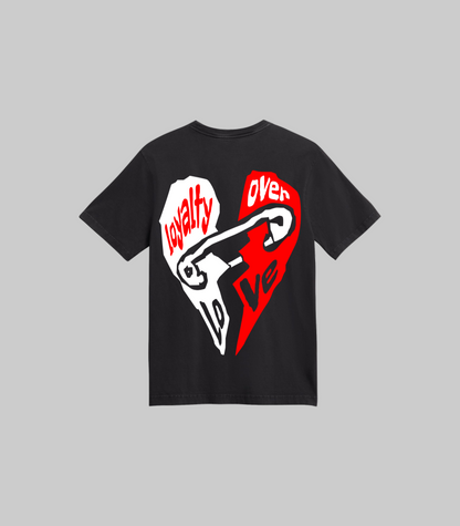 Black t-shirt with a graphic design on the back featuring a red heart with white text and a white peace symbol.